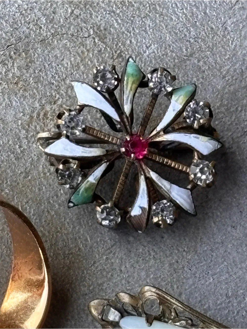 Vintage Brooch Trio Signed Coro Rhinestone Bow Pin Enamel Flower White Inlay Bar